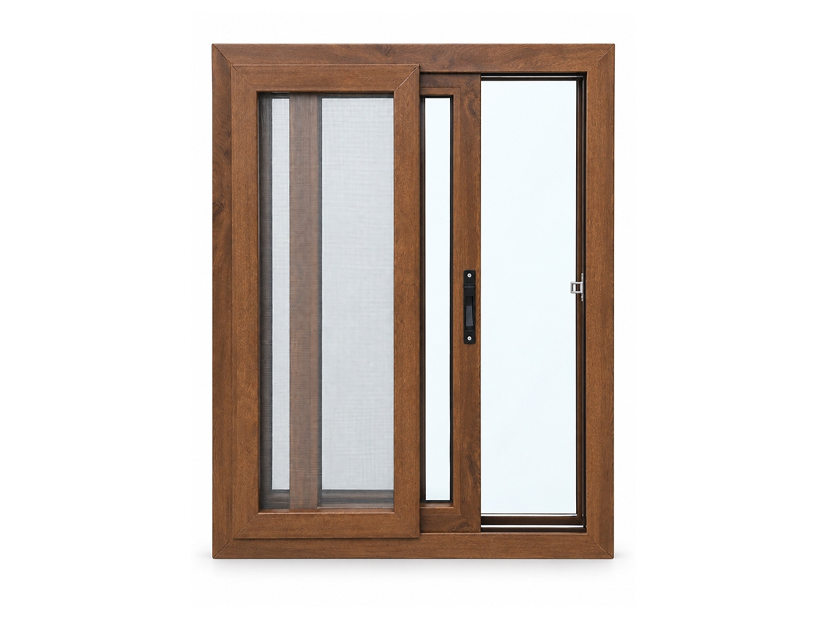 Woodgrain UPVC Sliding Window with Mosquito Screen