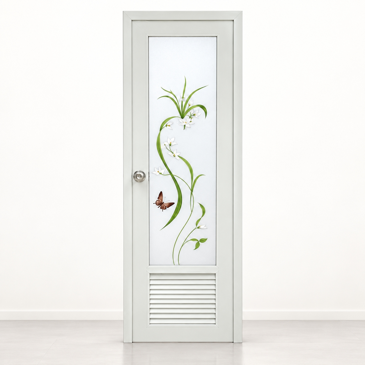 Decorative Flower Frosted glass PVC Bathroom Door with Louver