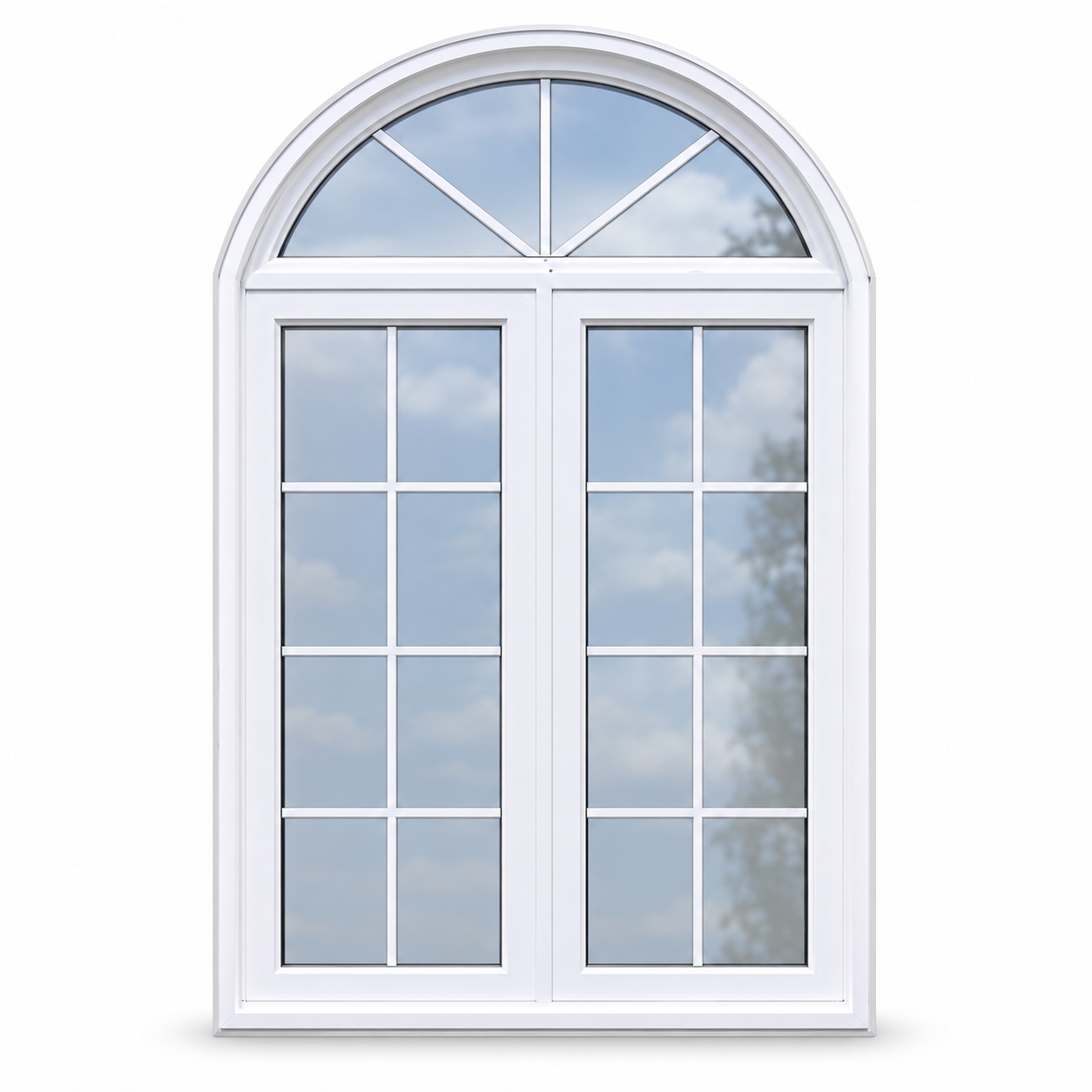 White UPVC Top Arch Window with Decorative Grill
